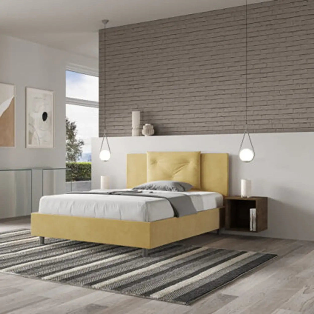 Letto matrimoniale francese con rete imbottito 140x200 microfibra ocra Appia