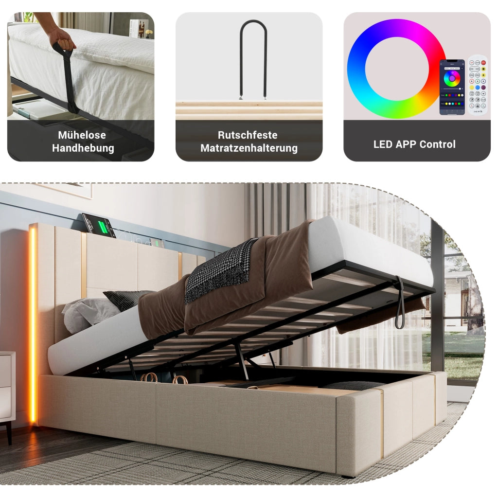 LETTO matrimoniale imbottito 140x200 cm Beige in lino con LED e USB Type-C