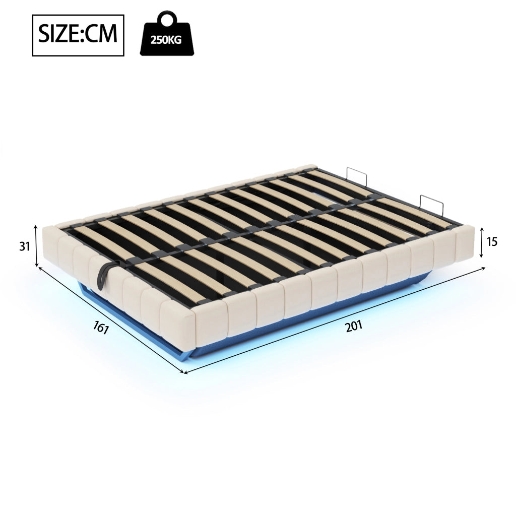 Letto imbottito 160x200 cm - Zephmum- Telaio idraulico con LED e spazio di archiviazione