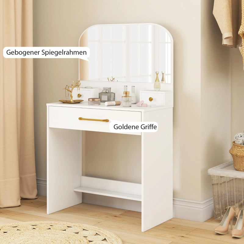 Tavolo da trucco con specchio, compatto, con 3 cassetti, bianco