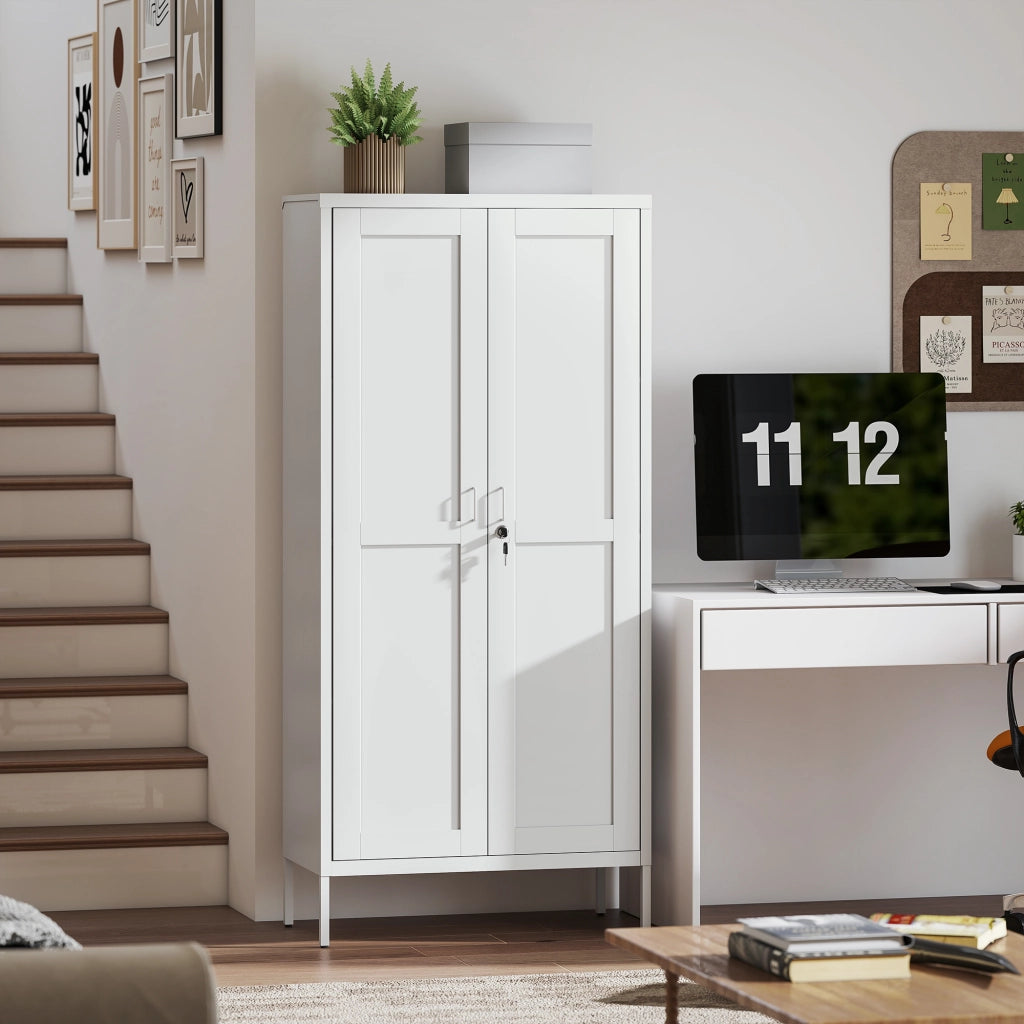 Armadio per Ufficio in Acciaio a 3 Ripiani Regolabili con Serratura e 2 Chiavi, 80x40x175 cm, Bianco