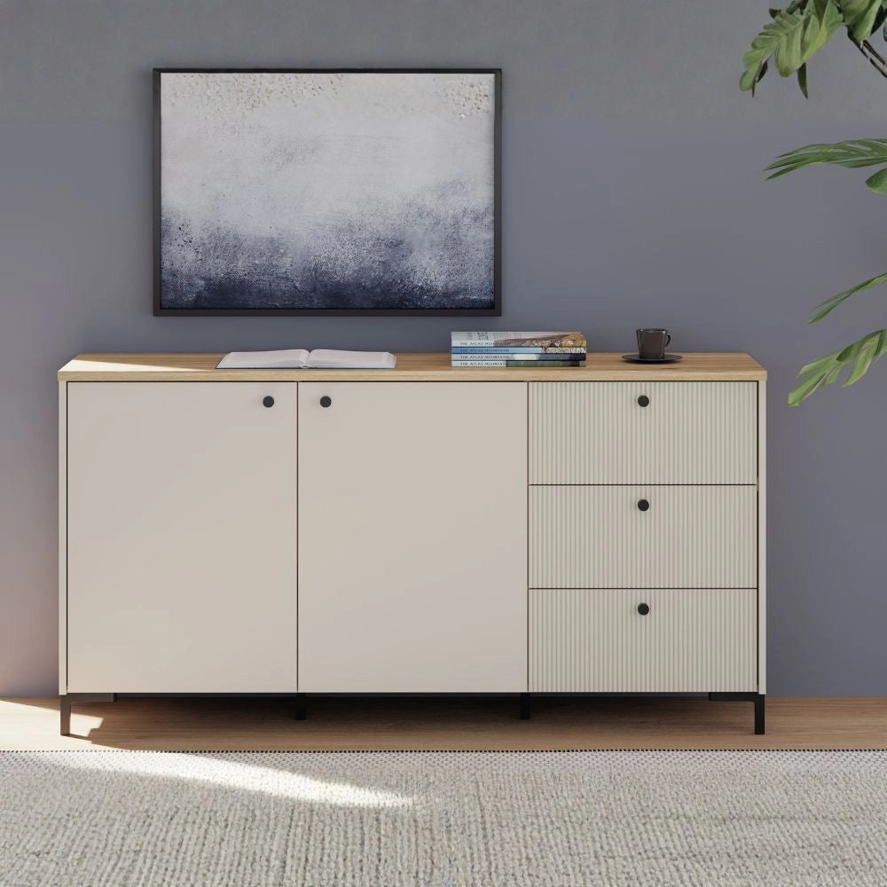 Madia Unit Cashmere con 2 Ante, 3 Cassetti Cannettati e Top Rovere