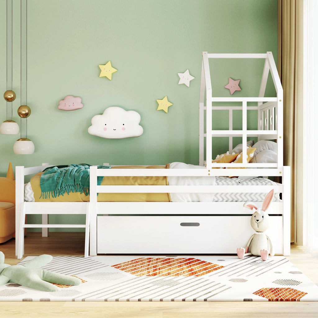 Letto a castello per bambini - Zephmum- Con scala e cassetti, 90x200cm, Bianco