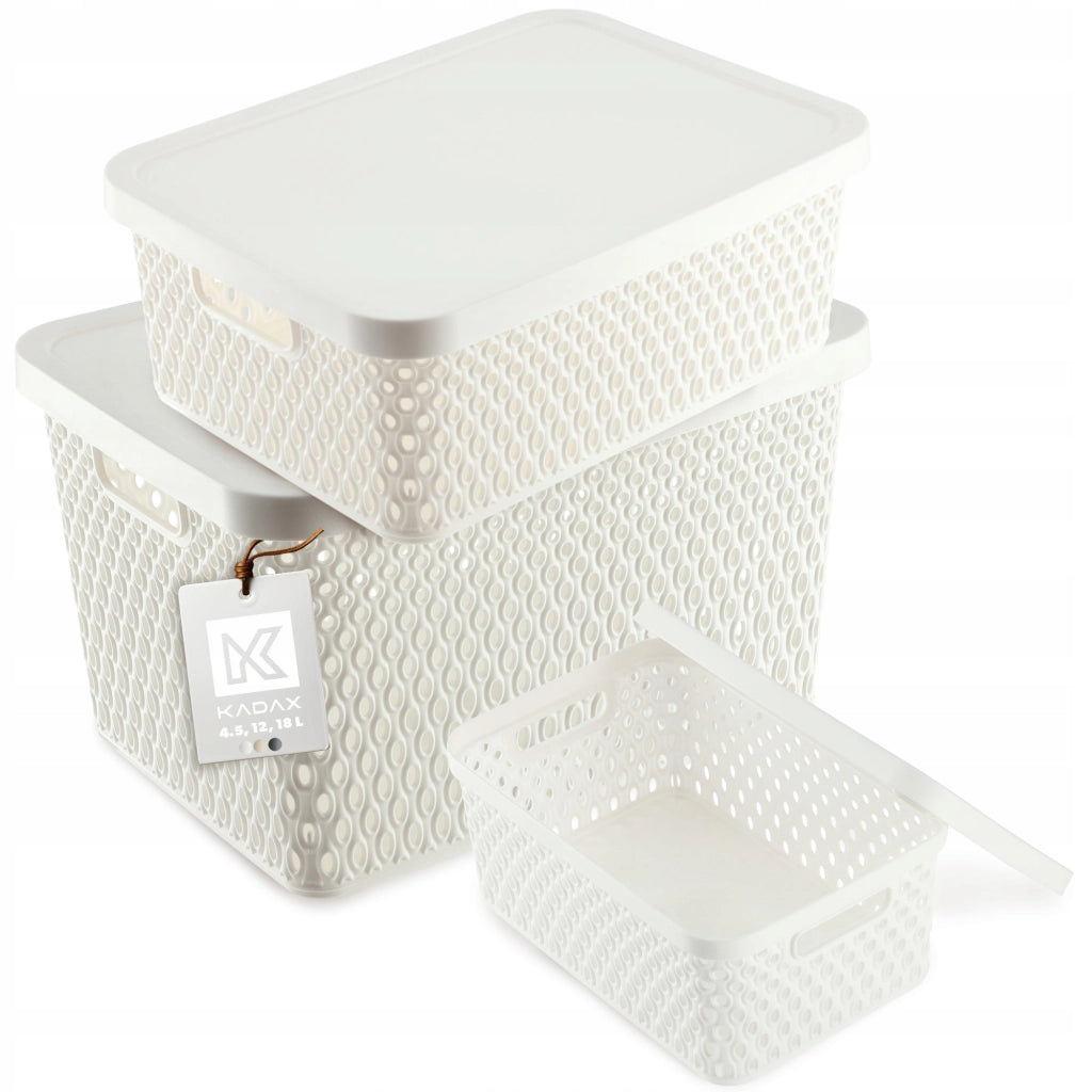 Set di 3 cestini in plastica KADAX con coperchio, colore bianco.