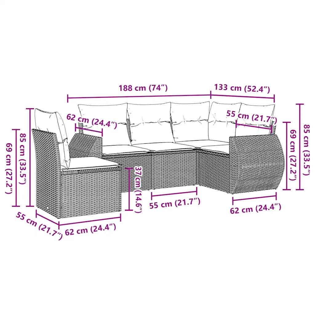 Set Divano da Giardino 5pz con Cuscini Grigio Chiaro Polyrattan 3253709