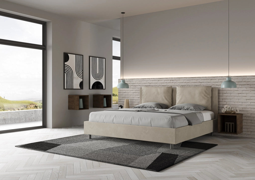 BS COM Letto senza rete imbottito 180x190 microfibra sabbia