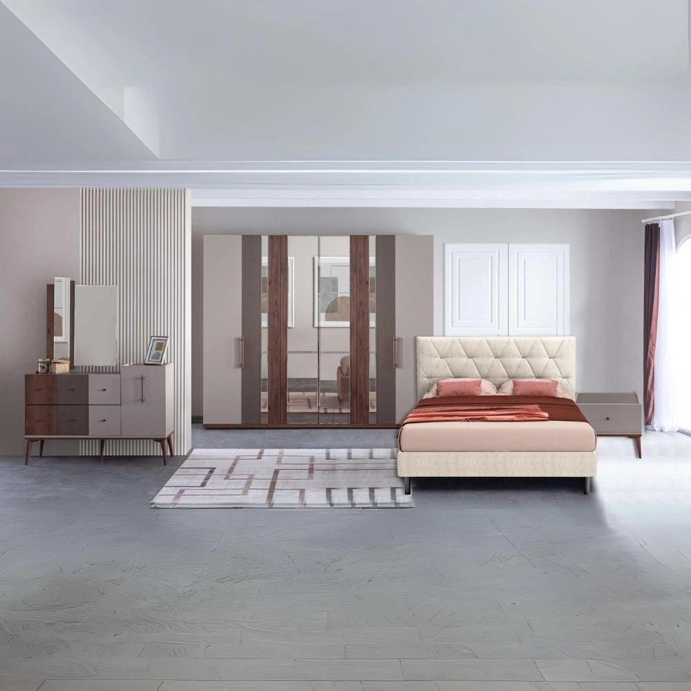 Camera da letto grigio noce e caffè con armadio e letto contenitore Pastel