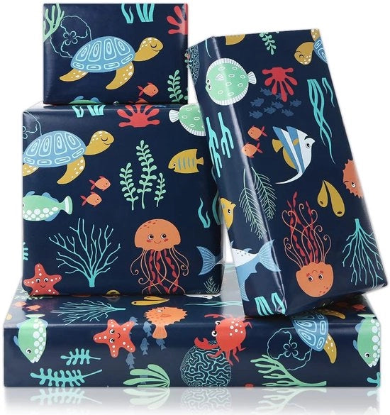 Papier da parata con motivi marini - 4 fogli - 50 x 70 cm - Adatto per compleanni/baby shower - Morbido ma resistente - Ideale per progetti di fai da te - Carta da regalo