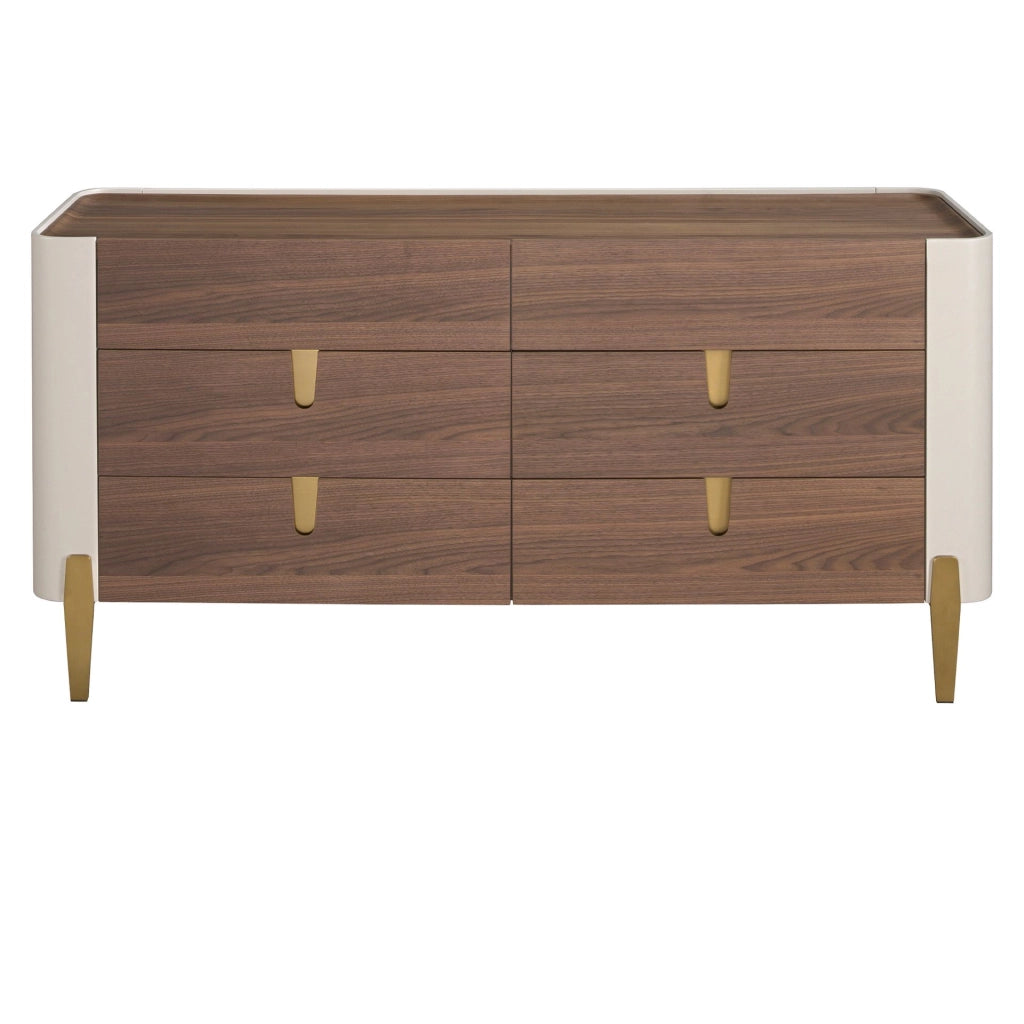 Cassettiera in legno beige, acciaio lucido dorato e piano in noce