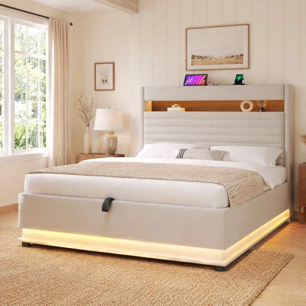 LETTO Contenitore 140x200 cm in lino Beige con LED e USB-C