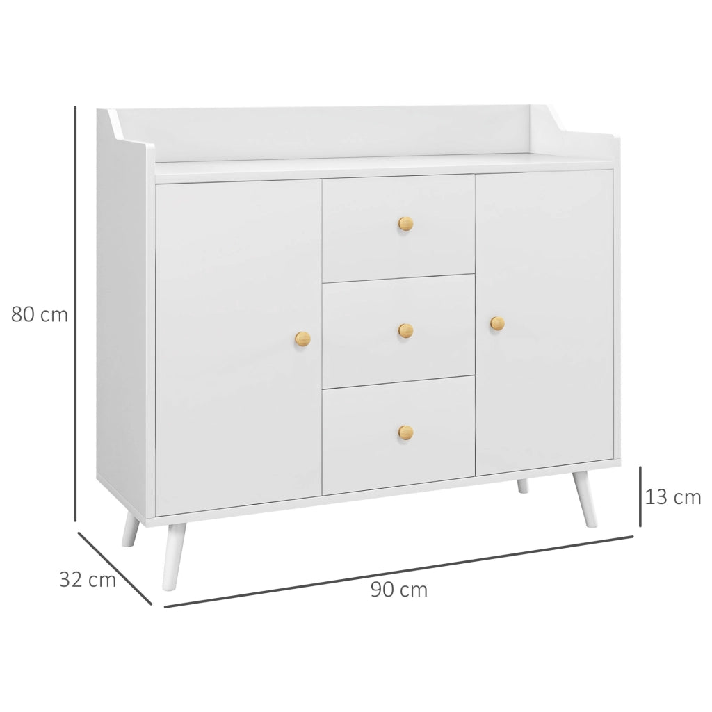 Credenza Moderna con 2 Ante e 3 Cassetti ¨C Minimal ¨C Bianco Legno Pino 90x32x80