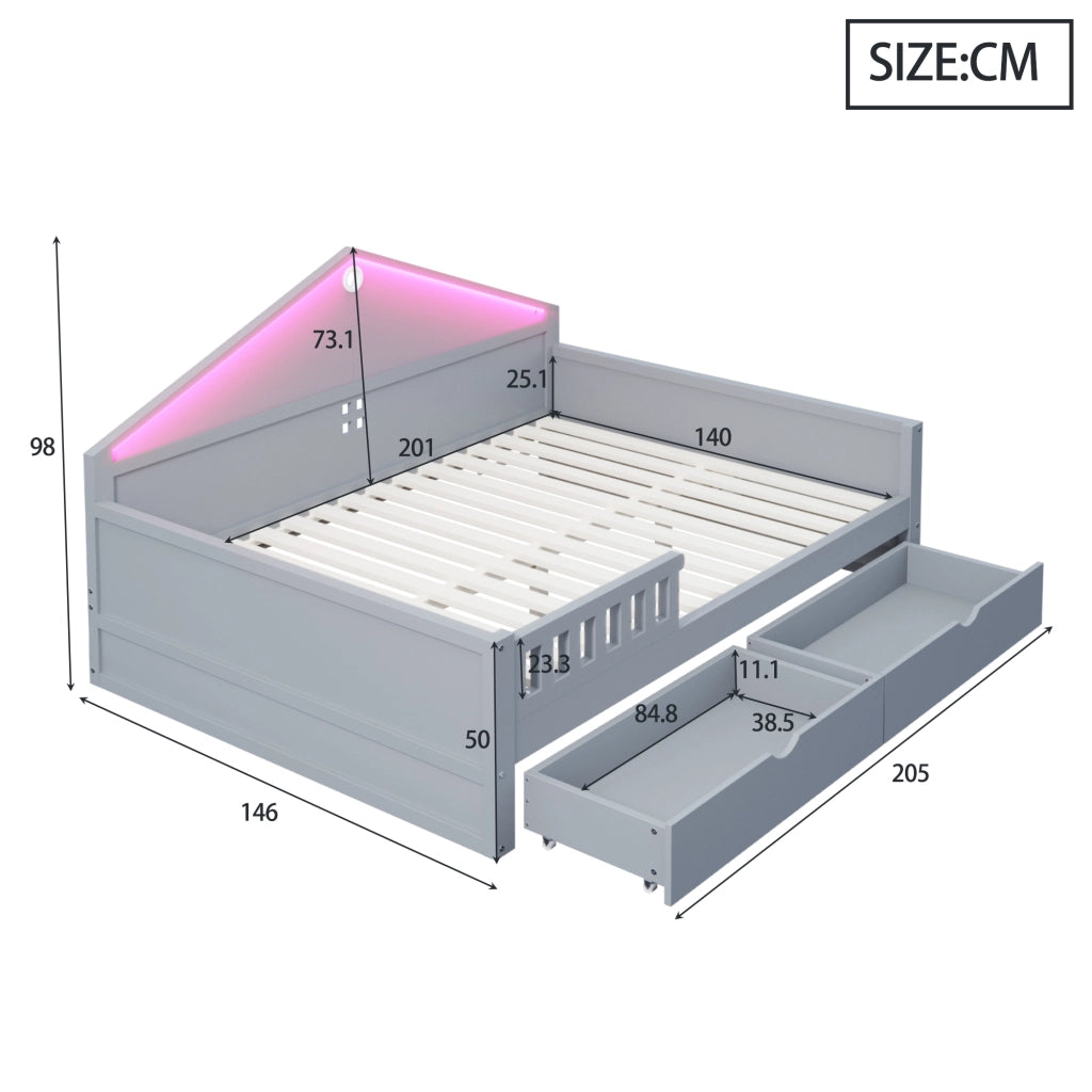 LETTO 140x200 cm con LED e 2 cassetti, grigio, legno di pino e MDF