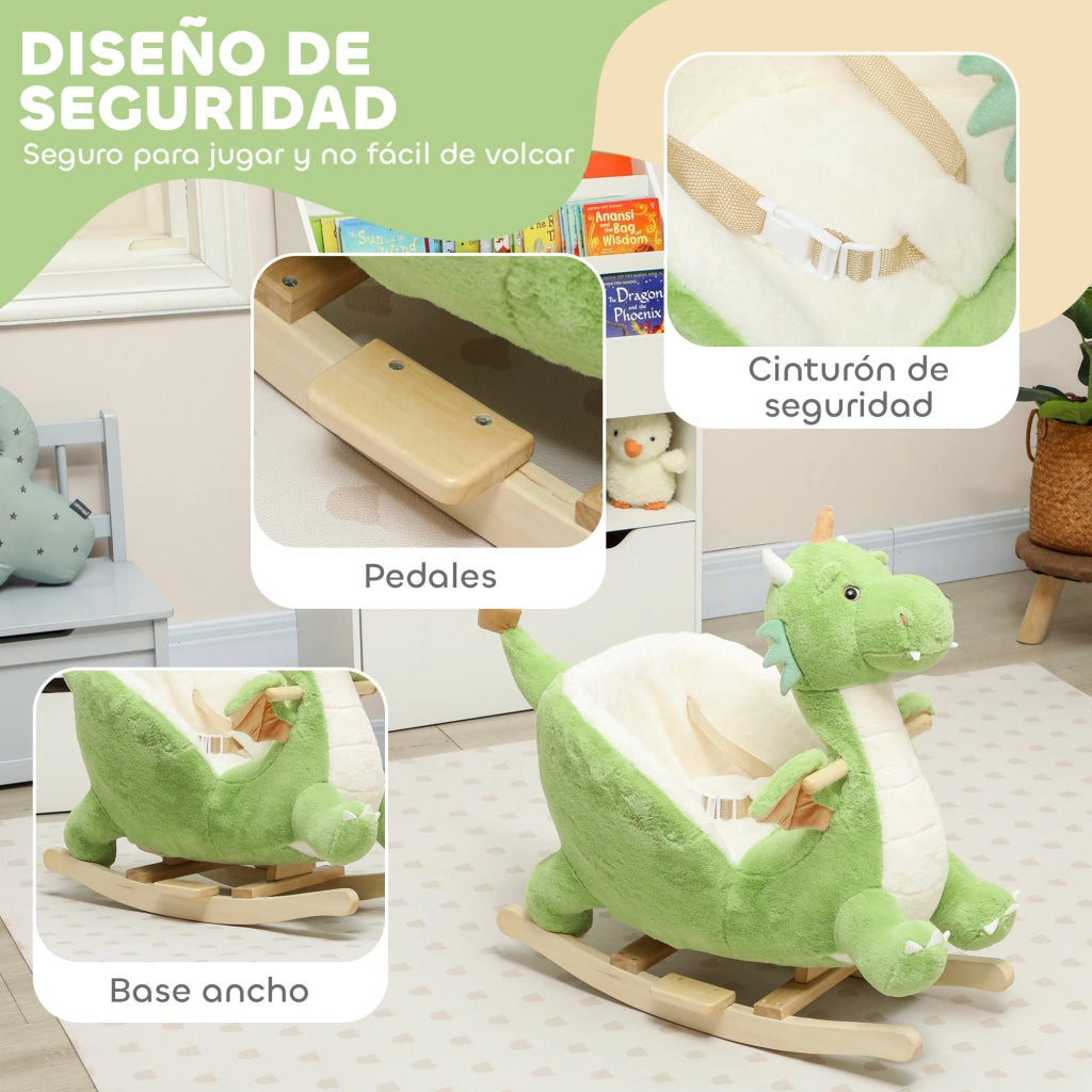 Cavallo a dondolo in peluche ¨C Xylo ¨C base legno con suono, verde, 18-36 mesi