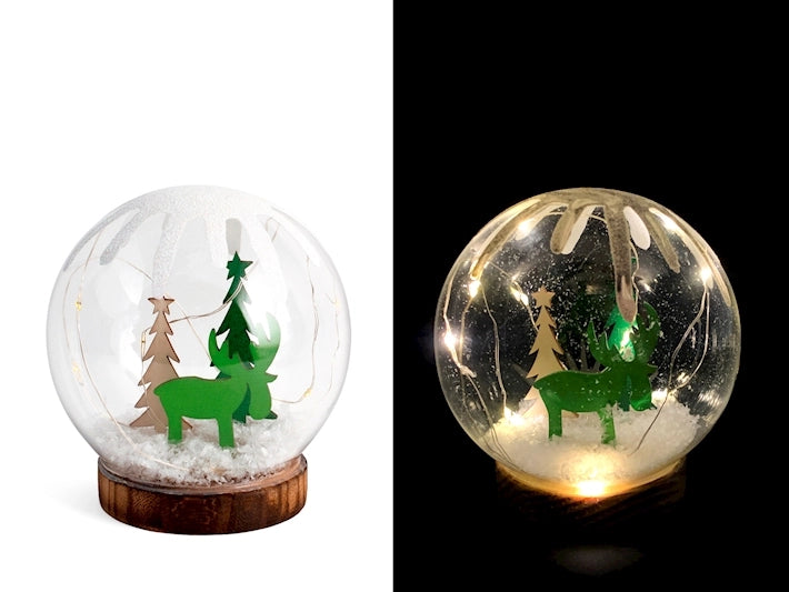 Sfera in vetro natale con led su base legno h 13. 