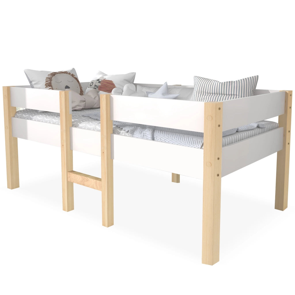 Letto singolo per bambini 90x190 cm con sponda anticaduta; struttura in pino massello; bianco e rovere