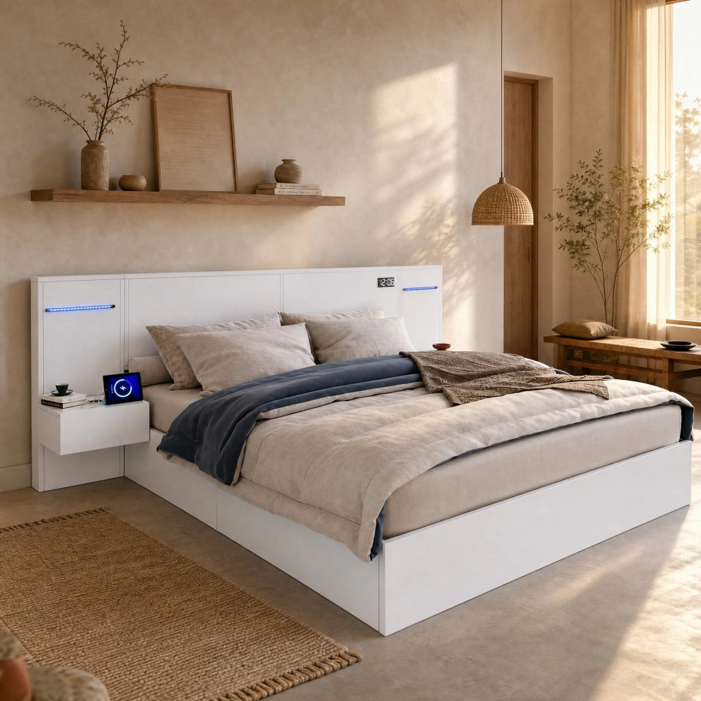 LETTO matrimoniale 160x200 cm MDF bianco con USB, Bluetooth e comodini