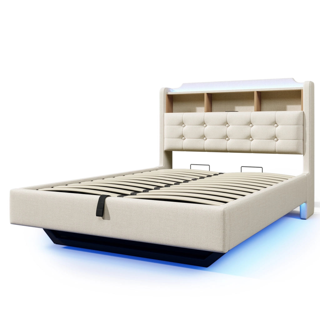 Letto imbottito 140x200 cm con LED, vano contenitore idraulico, USB e Type-C, beige