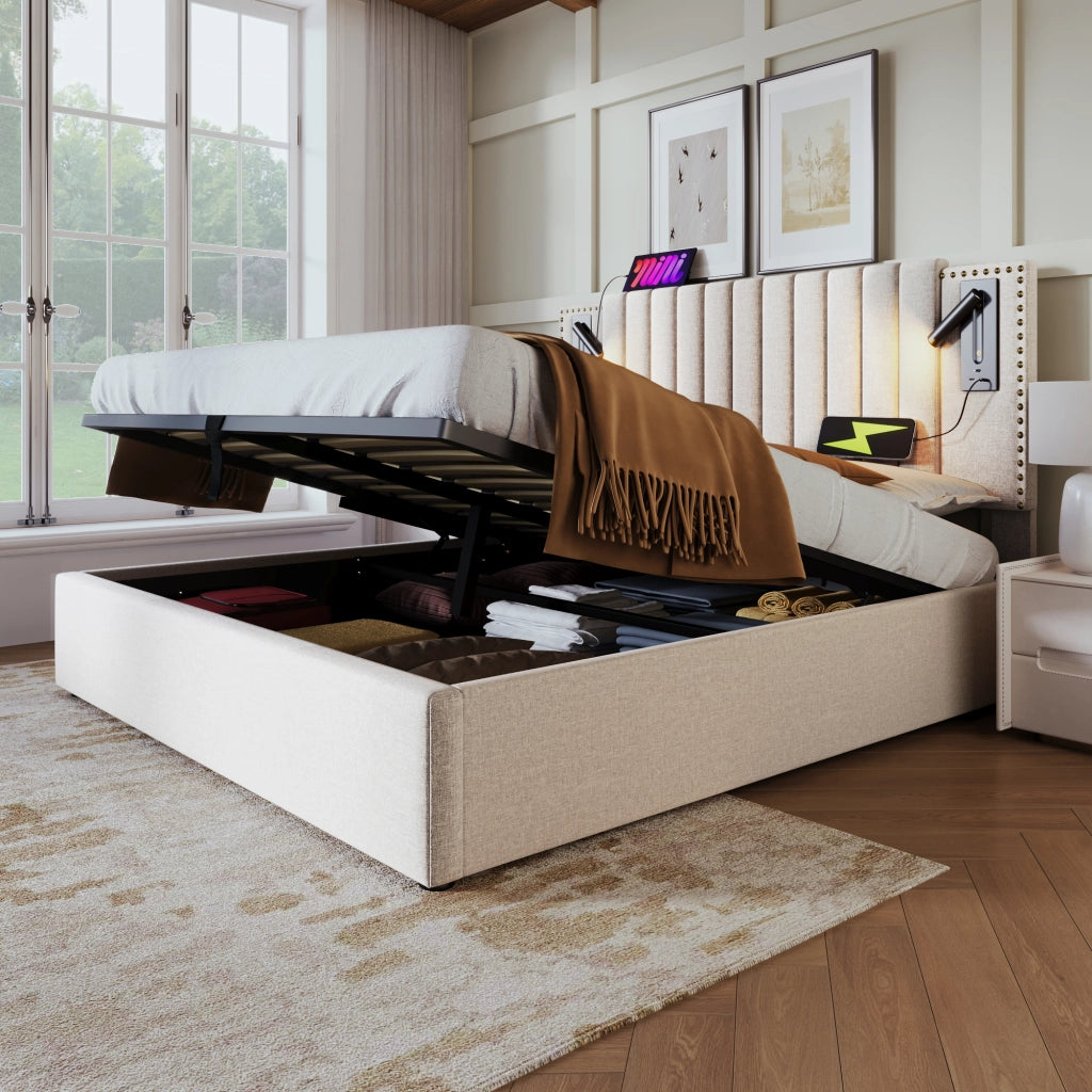 LETTO Contenitore 140x200 cm Beige con luce di lettura e USB