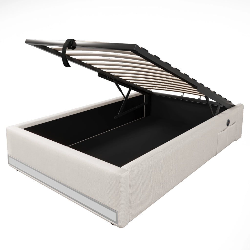 Letto imbottito 90x200 cm con LED, porte USB e Type-C, contenitore idraulico, beige