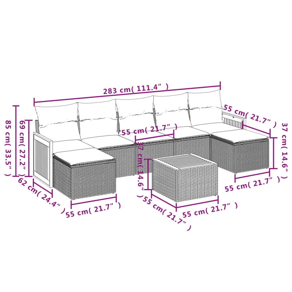 Set Divano da Giardino 8 pz con Cuscini Grigio in Polyrattan