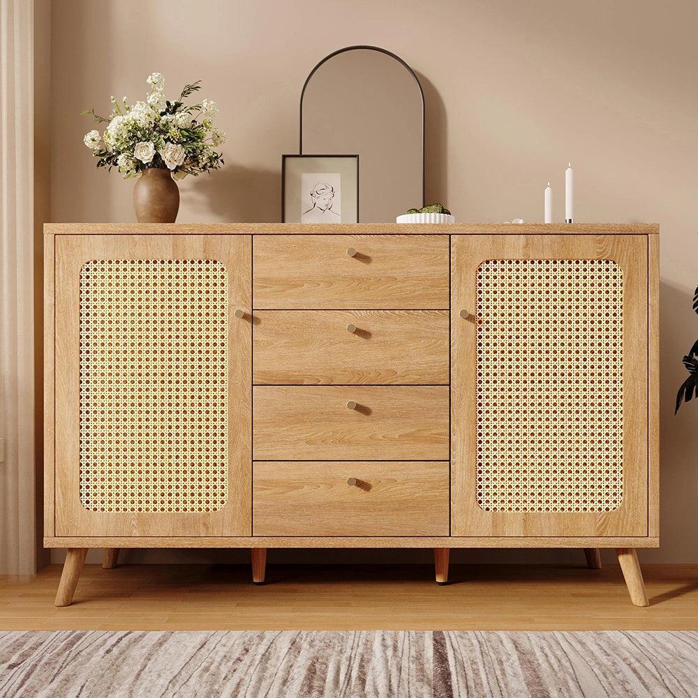 Buffet Commode con rotin - Xylo - 4 cassetti 2 ante scaffali regolabili