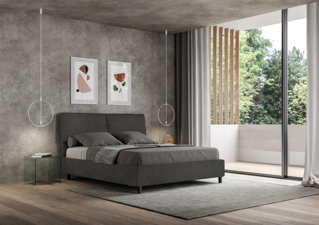 BS COM Letto matrimoniale con rete imbottito 160x190 microfibra grigio