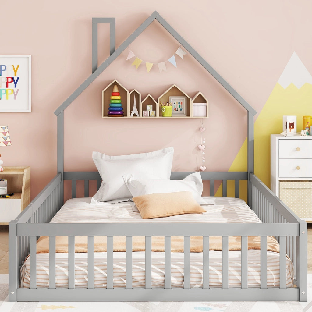 Letto per bambini 140 x 190 cm con forma camino, rete a doghe, grigio