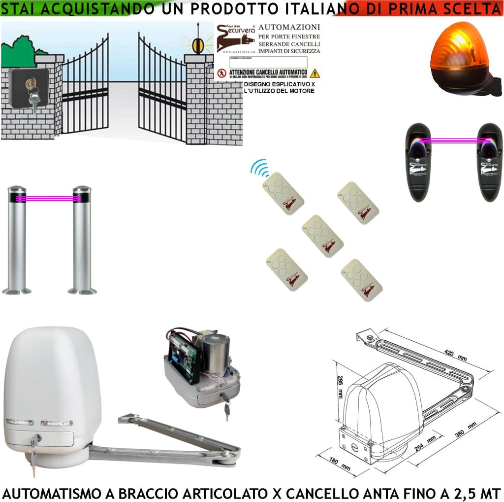 Automazione Cancello Kit Motore a Braccio Articolato 220/24 V Anta da 0,5 a 2,5 MT Centrale 5 Radiocomandi Faro Selettore 2 Paline 2 Fotocellule