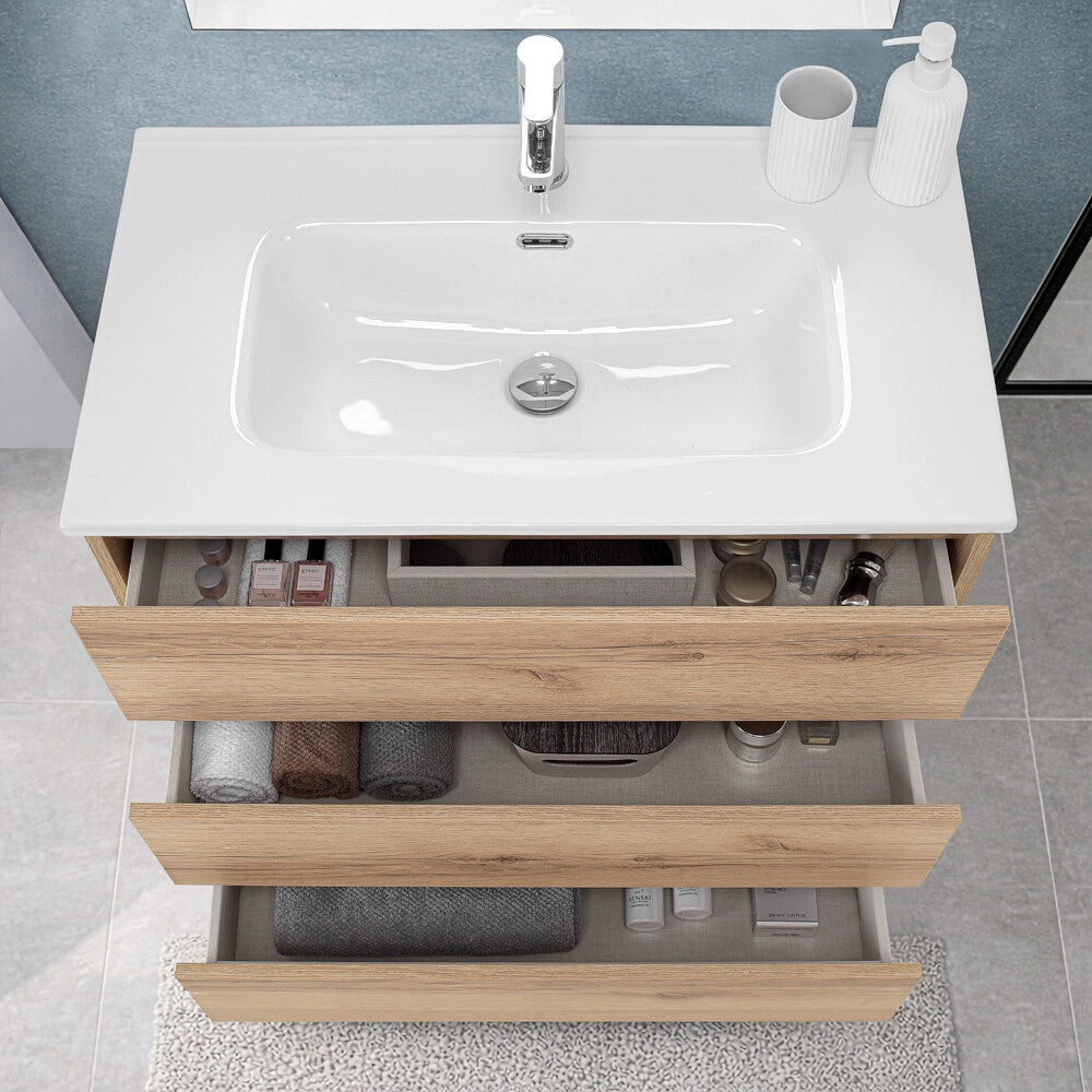 Mobile bagno a terra 80 cm in quercia naturale con lavabo e specchio Leda