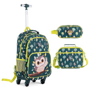 Zaino trolley 3in1 ruote bambini 3+anni unicorno/gufo borsa pranzo astuccio, Trolley maniglia retrattile portabicchieri