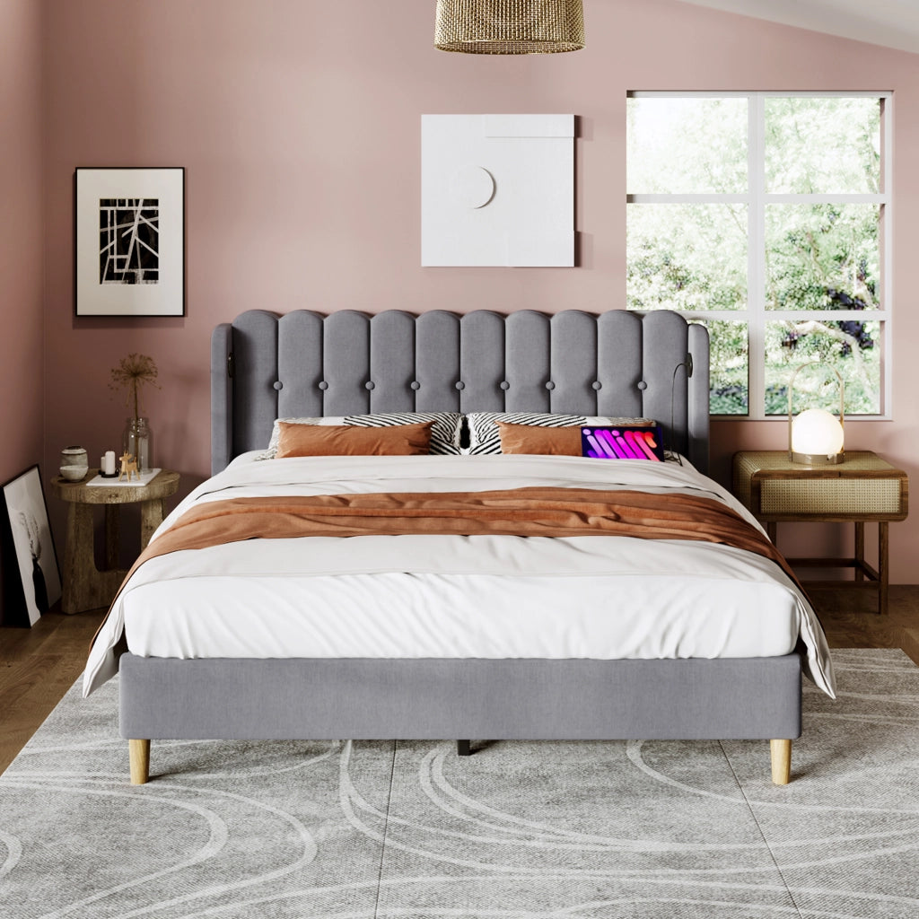 LETTO imbottito 160x200 cm Grigio con USB e Type-C