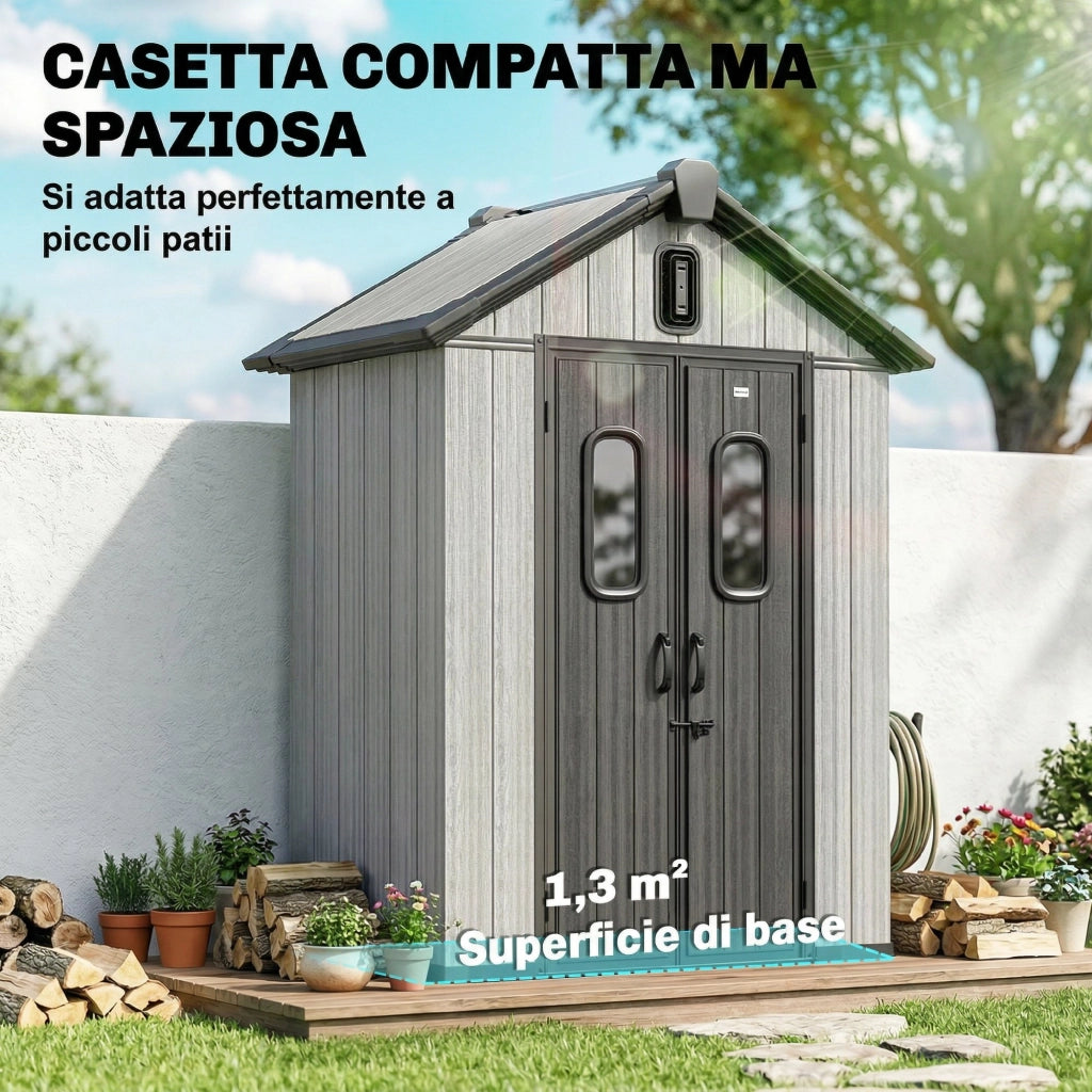 Capanno Giardino 160L x 98P x 217A cm, Plastica, Doppie Porte Bloccabili, Grigio