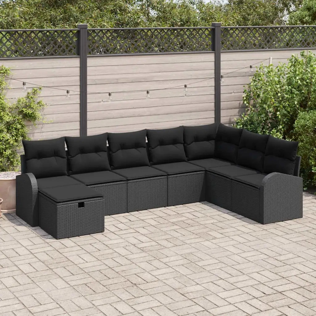 Set di divani con cuscino con archiviazione Nero polyrattan