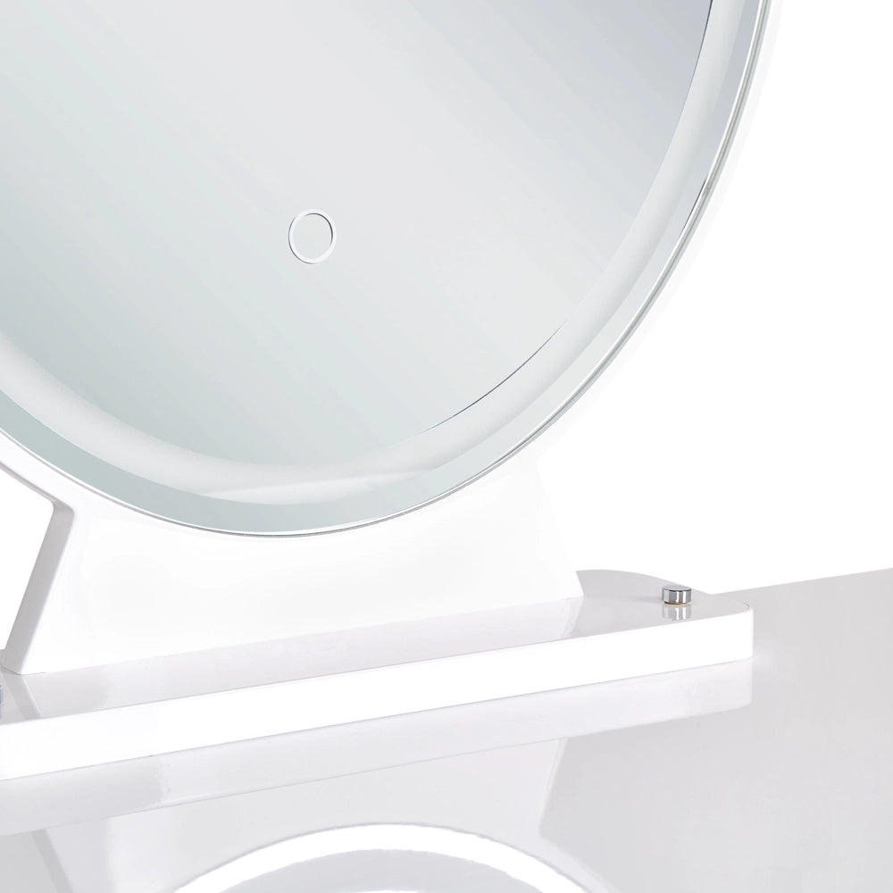 Toeletta con 2 cassetti specchio LED bianco e oro e sgabello camera da letto elegante