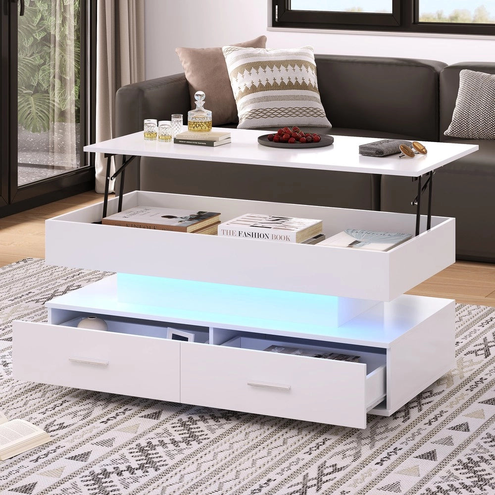 Tavolino da Caff¨¨ Regolabile in Altezza con LED e Cassetti ¨C MINIMAL ¨C Bianco
