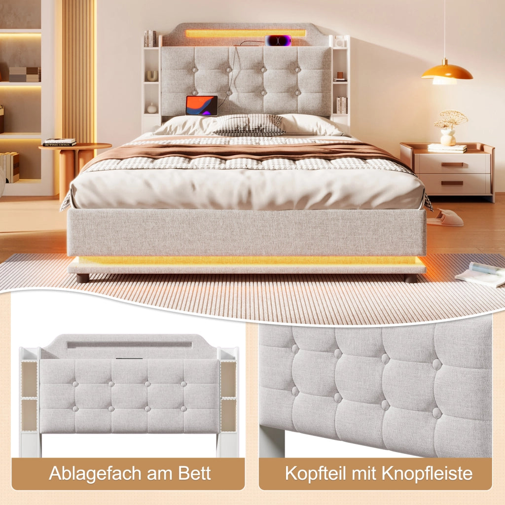 LETTO imbottito 140x200 cm in lino beige con LED e contenitore idraulico