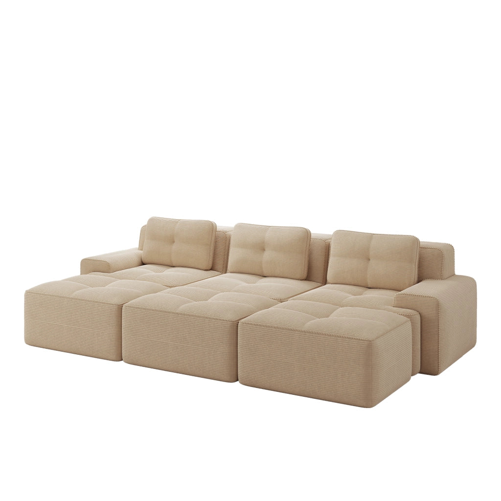 Divano Angolare Modulare 3 Posti con Pouf ¨C Xylo ¨C Beige, Tessuto Cord, con Dormeuse
