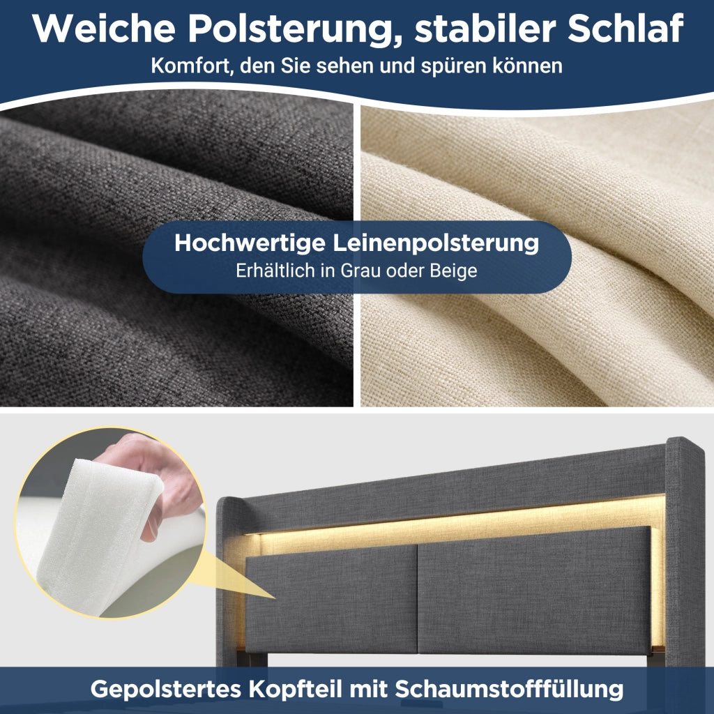 LETTO Contenitore idraulico 140x200 cm Lino Grigio con LED e USB-C