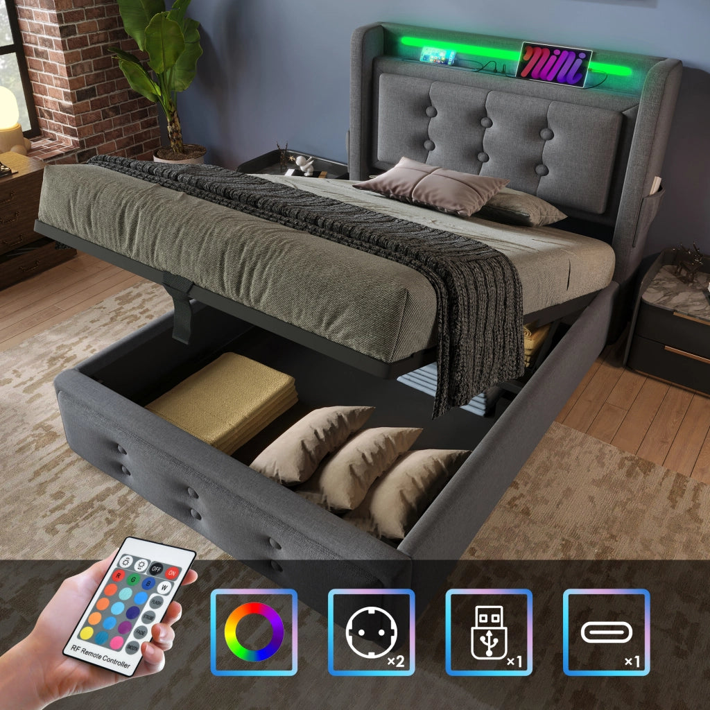 LETTO Imbottito 90x200 cm Grigio con LED e prese USB