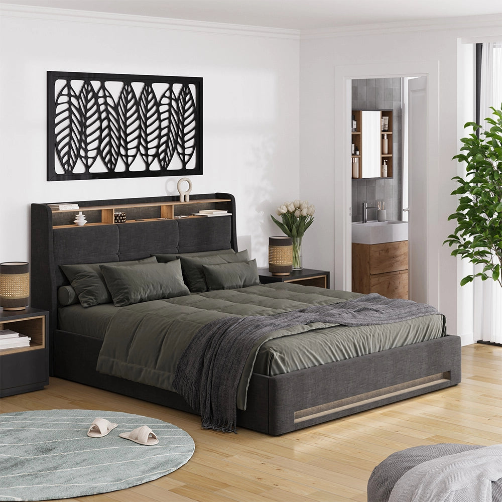 Vitalispa Letto imbottito Antracite/quercia 160x200 con LED e porta USB