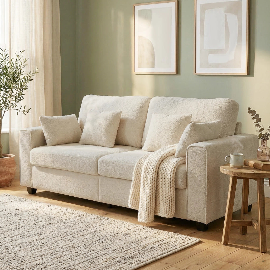 Divano 3 Posti Tessuto Velluto ¨C Zephmum ¨C Beige con Cuscini