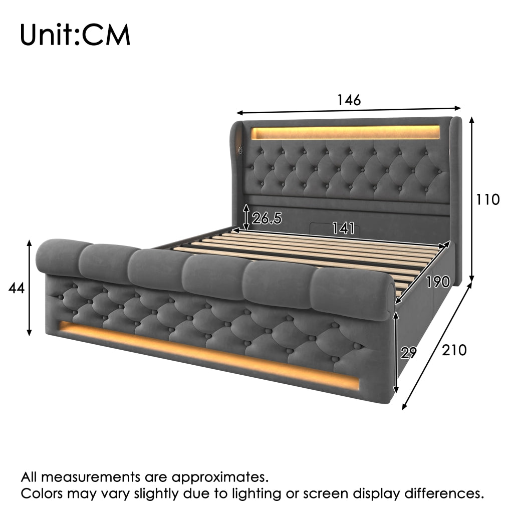 LETTO imbottito 140x190 cm in velluto grigio con LED, USB e Type C