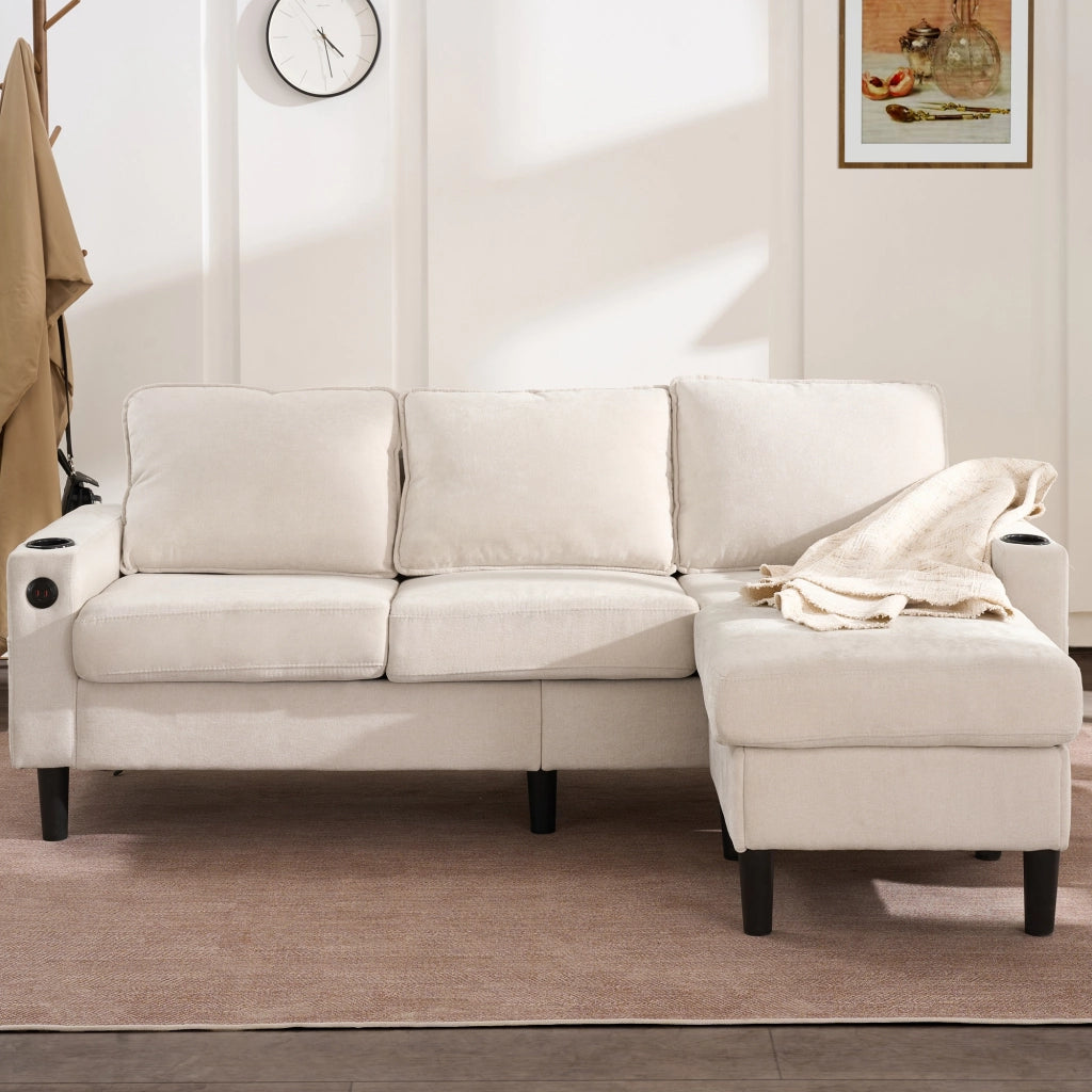 Divano letto imbottito 3 posti - Zephmum- USB e Type-C, porta bevande, forma L, beige
