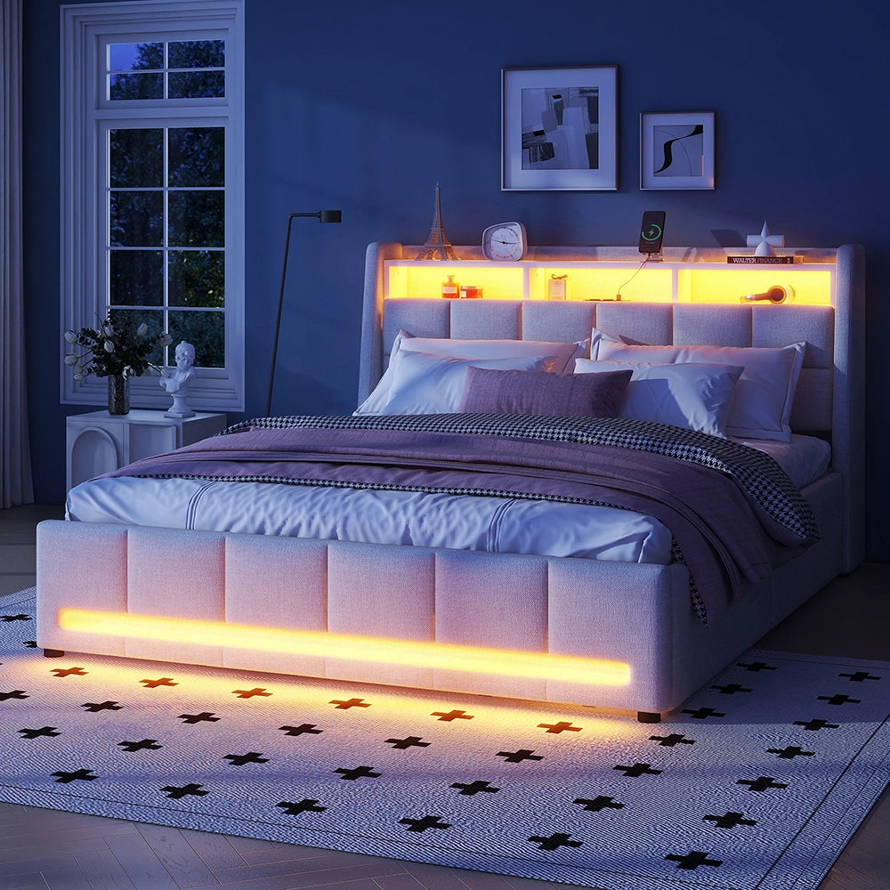 Letto con cassetti - Xylo - 140x200 cm - Lino Beige - Luci ambientali telecomando USB