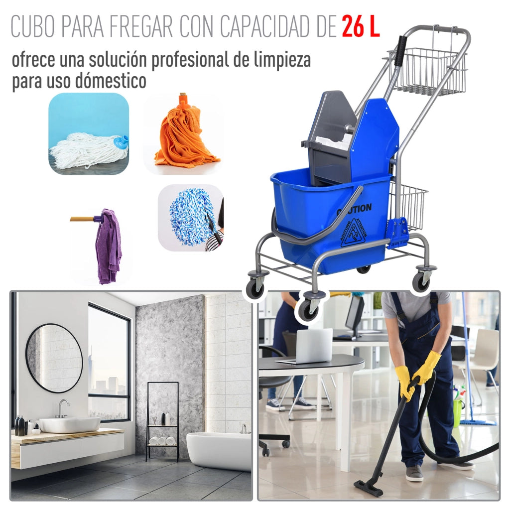 Secchio per Mop 26 L con Sgocciolatoio a Pressione, Ruote e Cestini ¨C Minimal ¨C 73x45x95 cm Blu