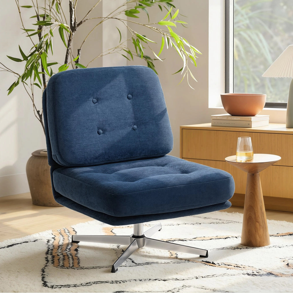 Poltrona girevole imbottita con cuscini a molle e gambe in metallo ¨C Zephmum ¨C Blu scuro