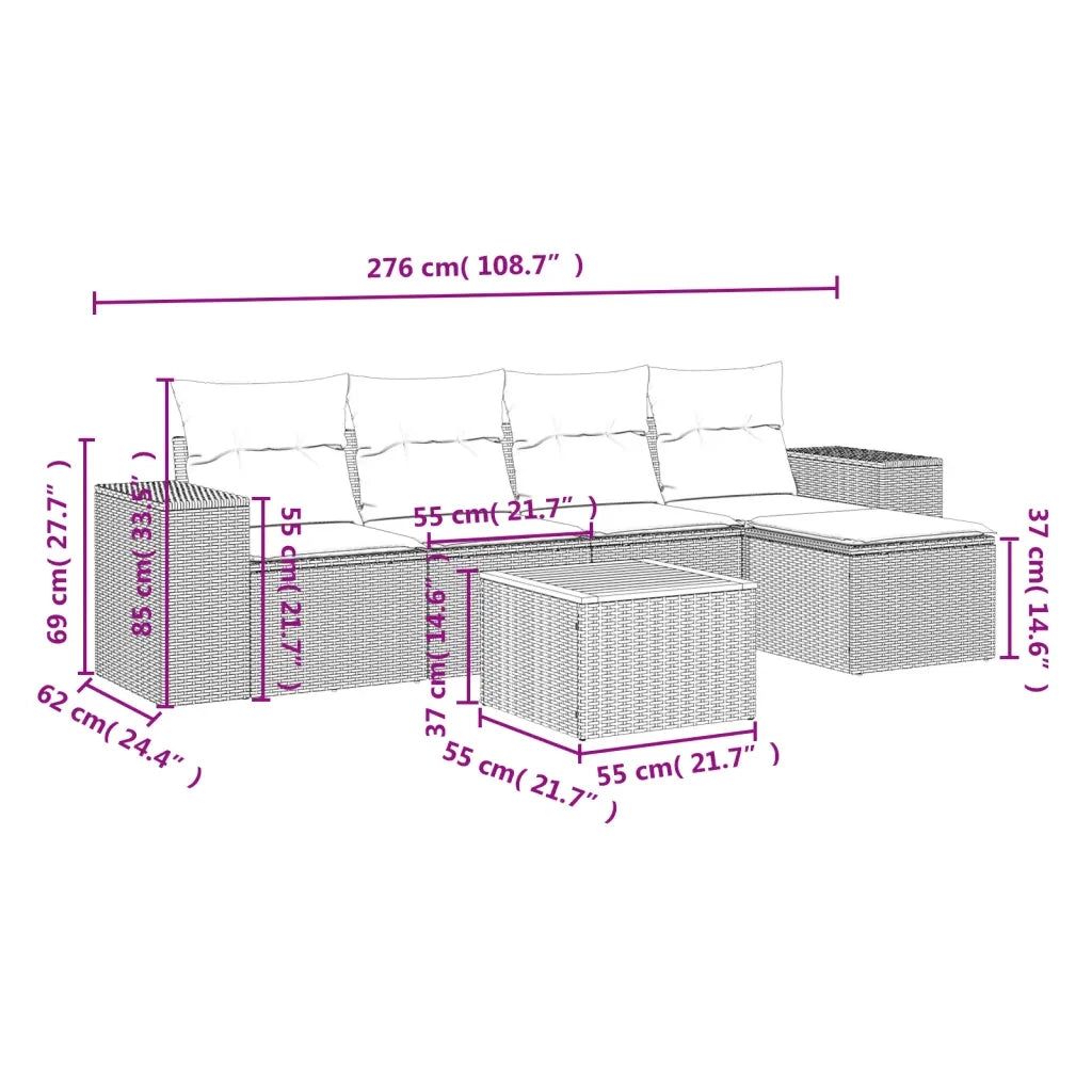 Set Divano da Giardino 6 pz con Cuscini Nero in Polyrattan 3257749