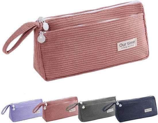 Etui grande, con 2 compartimenti, semplice e retro con impugnatura, facile da trasportare, adatto per scuola, ufficio, bambini e adulti (rosa)