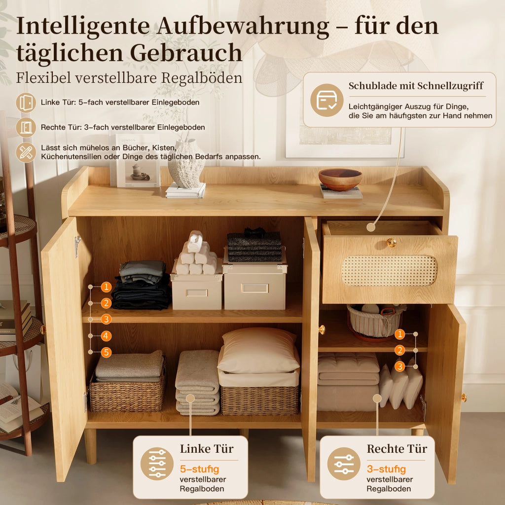 Credenza con 3 ante e cassetto frontali in rattan ripiani regolabili MDF color rovere 120 × 40 × 91 cm