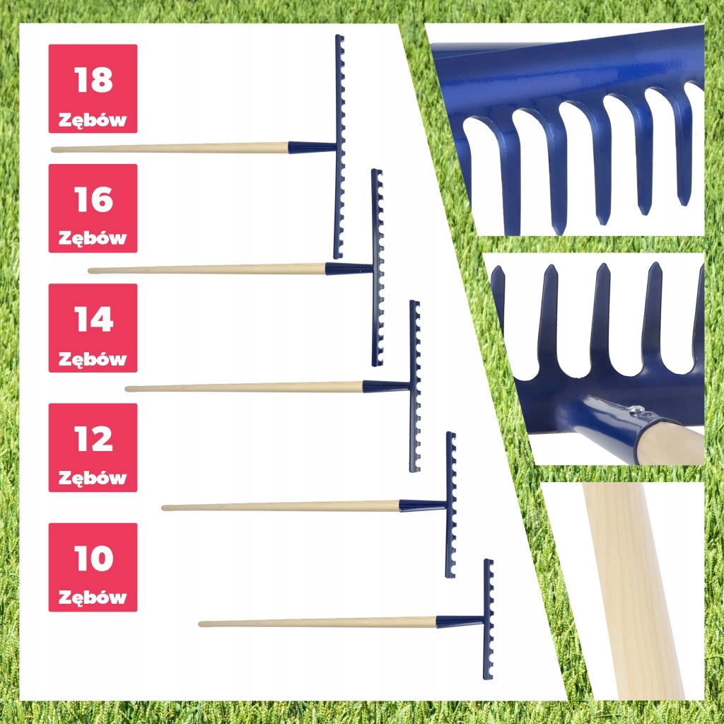 Rastrello da giardino KADAX con manico in legno, 135 cm, in acciaio temprato, a 10 denti